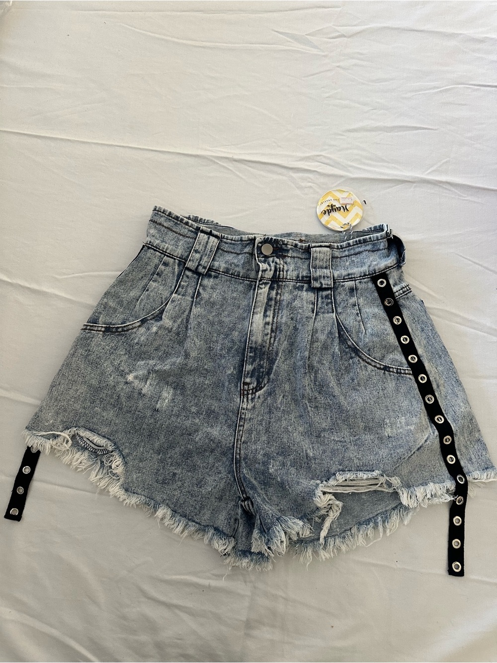 Hayden Acid Wash High-Rise Denim Shorts with Grommet Strap